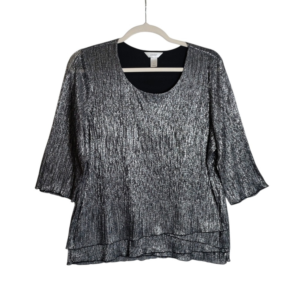 Cj Banks Silver Metallic Pleated Tiered Top 3/4 Sleeve Scoop Neck 2X 001575-8376